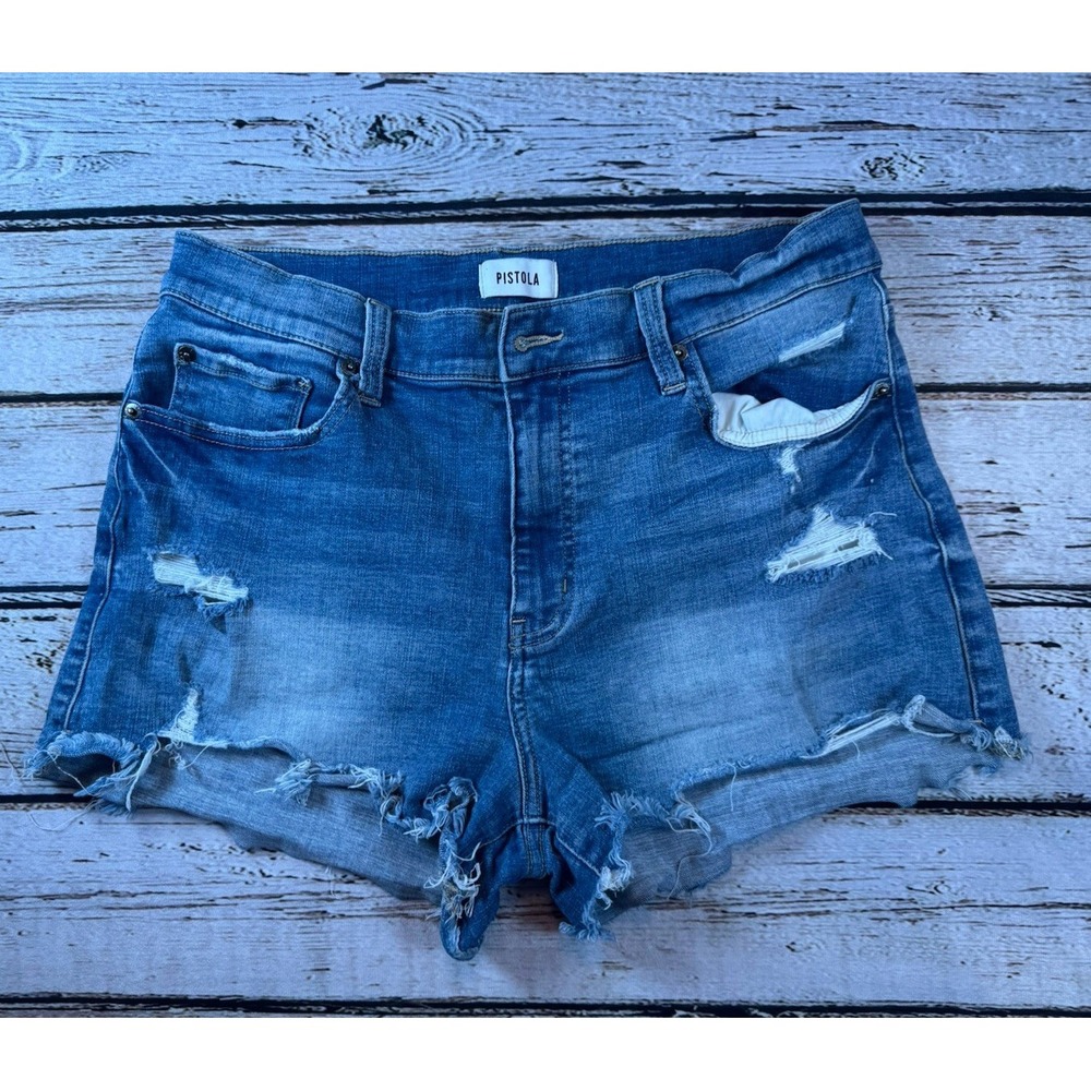 Pistola Shorts 31 Distressed Blue Cut Off Relaxed High Rise Womens